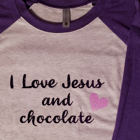 New! I love Jesus and Chocolate Glitter Purple tee - Picture 1 of 4